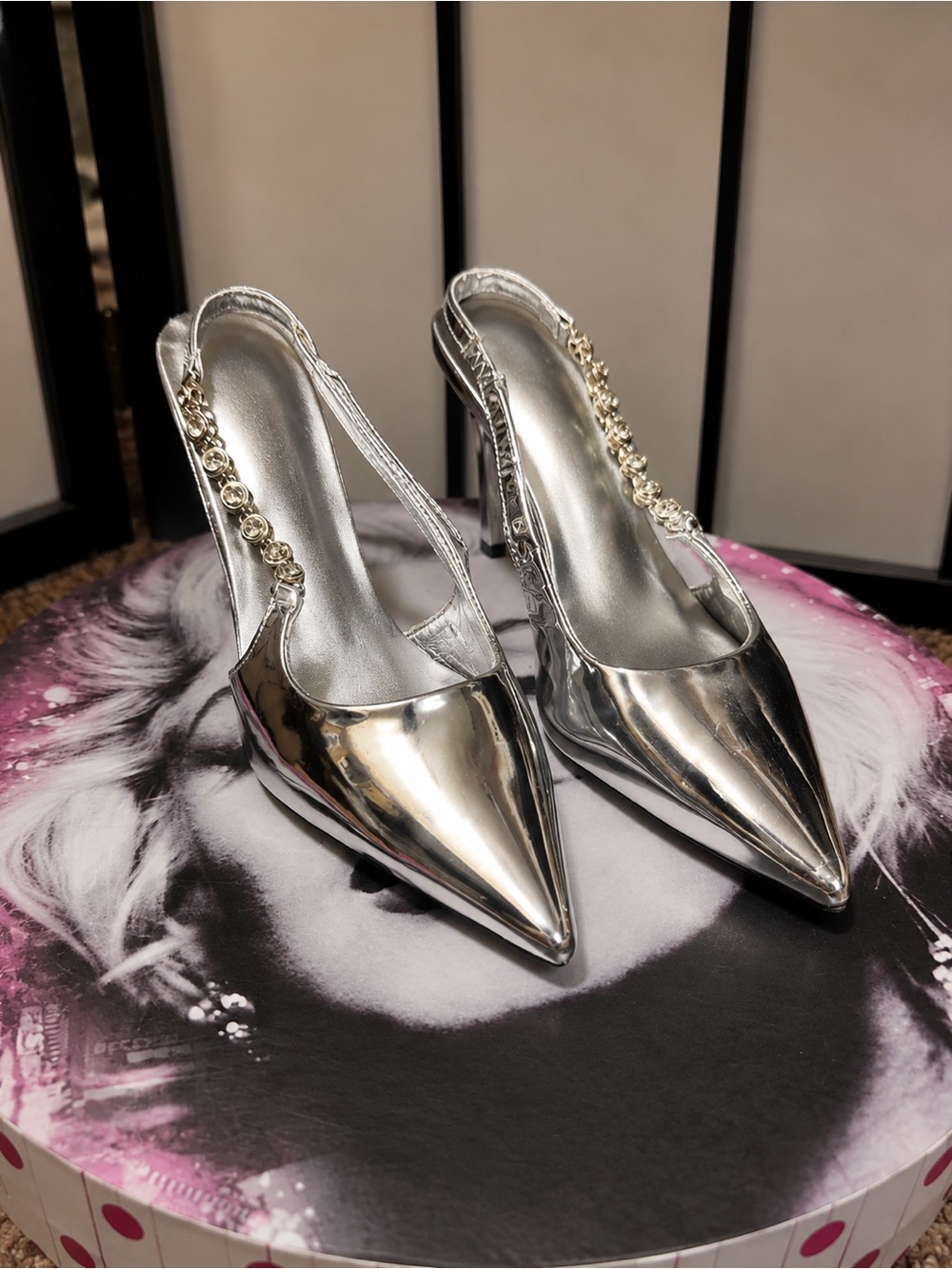Silver Pointed Toe Slingback Heels with Embellished Strap